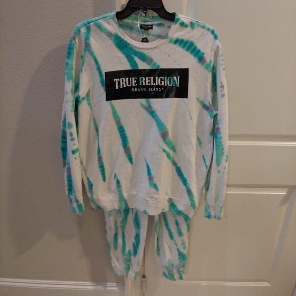True Religion Men's XL White Turquoise sweatsuit Top & Pants Set - Picture 1 of 7